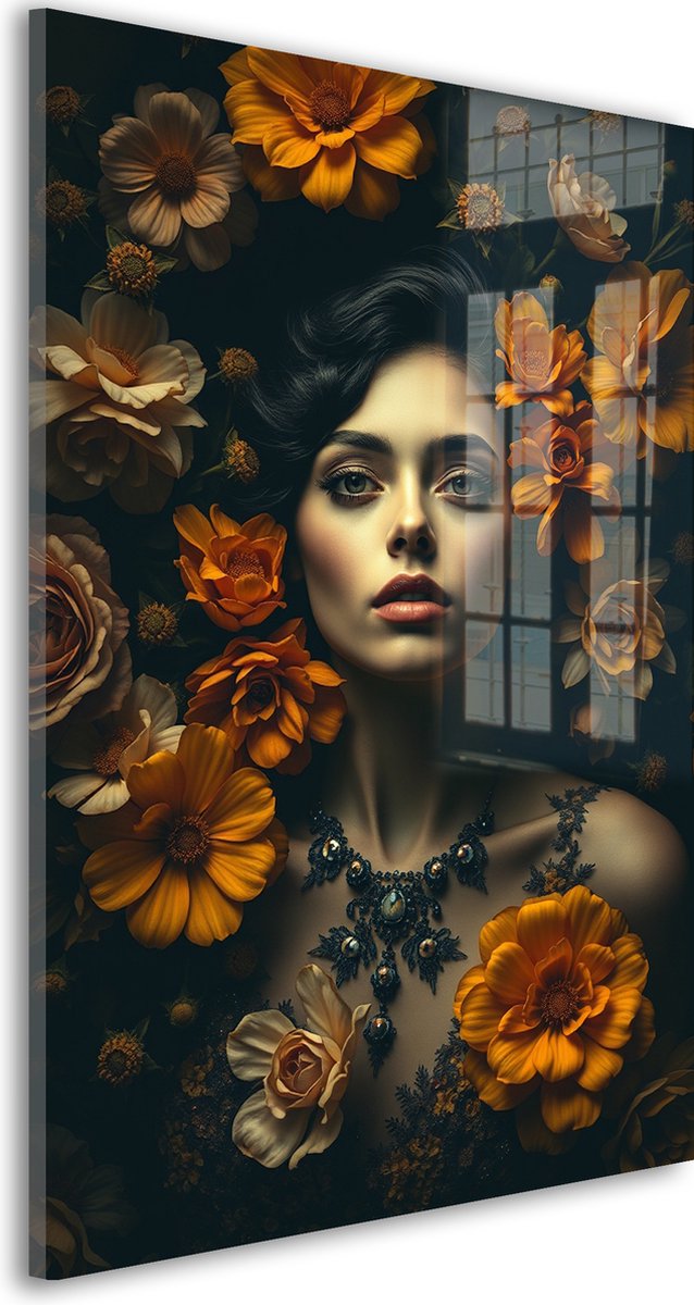 Glasschilderij Gouden Mystiek - 90 x 60 cm - Vrouw - Bloemen en Planten;Portretten - Acrylaat - Inclusief wandbevestiging - Foto op plexiglas - Wanddecoratie woonkamer – Modern – Portret