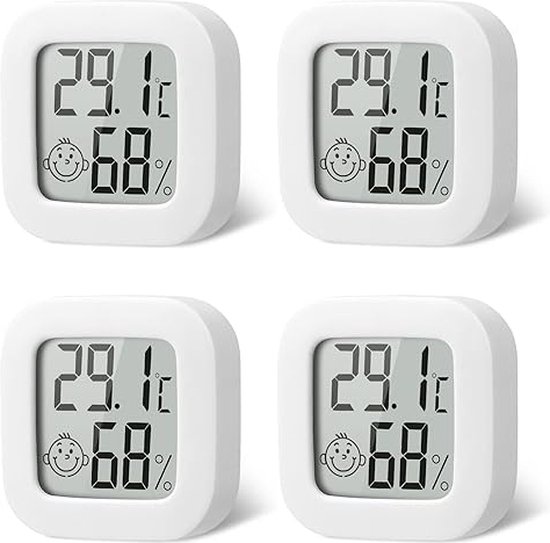 4 Pack kamerthermometer hygrometer binnen, mini digitale temperatuurvochtigheidsmetermeter, nauwkeurige hygrometer met helder LCD-scherm en gezichtspictogrammen voor thuis baby, kantoor, thuis, tuin