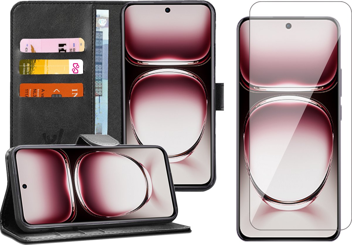 Hoesje geschikt voor Oppo Reno 12 - Screenprotector Glas - Portemonnee Book Case Zwart