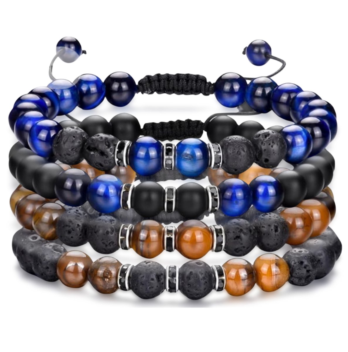 Nalussa's Natuursteen Armbanden - Kralen Armbandjes set van 4 - Natuursteen Multi Armband - Blauw/Zwart, Zwart/Blauw, Bruin/Zwart, Zwart/Bruin - Armband Heren - Sieraden - Cadeau