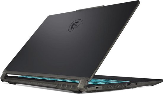 Zwarte MSI gaming laptop, open in een hoek, met gedetailleerd scharnier en verlicht toetsenbord.