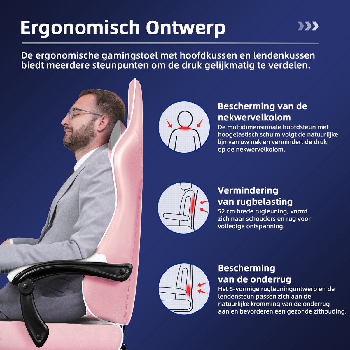 Afbeelding 3 van Hiaonyx Gaming Stoel - 170° Verstelbare Rugleuning - Gaming Stoel met inklapbare Voetsteun - racerstijl - Geïntegreerde Armleuningen - Maximale Belastbaarheid 150kg - Roze