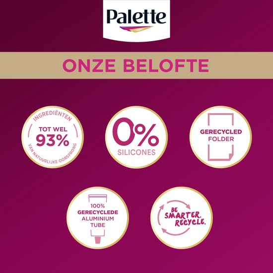 Logo Palette met de tekst 'Onze belofte', 93% ingrediënten van natuurlijke oorsprong, 0% siliconen, gerecycled folder en 100% gerecyclede aluminium tube.