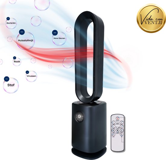 Vida Con Ventji® - 3-in-1 Elektrische Kachel met Ventilator en Luchtreiniger- HEPA & koolstoffilter - Ionizator - 3 Warmteniveaus, 10 Windstanden, Timer, Nachtmodus & Afstandsbediening - Stil & Roterend - Inclusief 3 HEPA filters