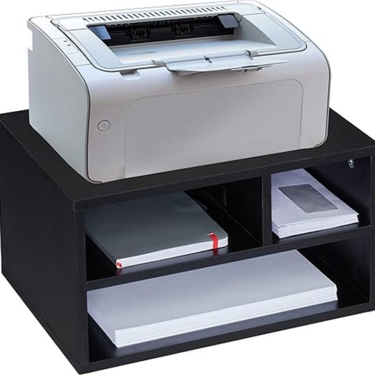 printerkastje bureau, 3 vakken, tafel voor printer, MDF, printerstandaard, HxBxD: ca. 22,5 x 49 x 30 cm, zwart