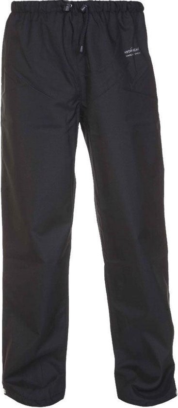 Zwarte regenbroek met elastische tailleband, trekkoord en logo.