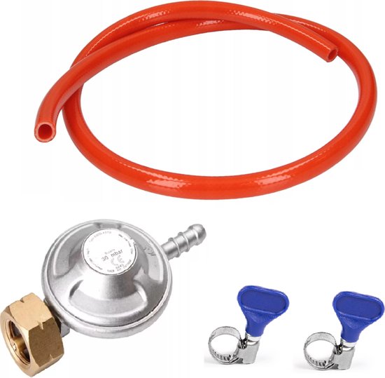 Grijze drukregelaar met messing moer, oranje slang, twee blauwe klemmen.