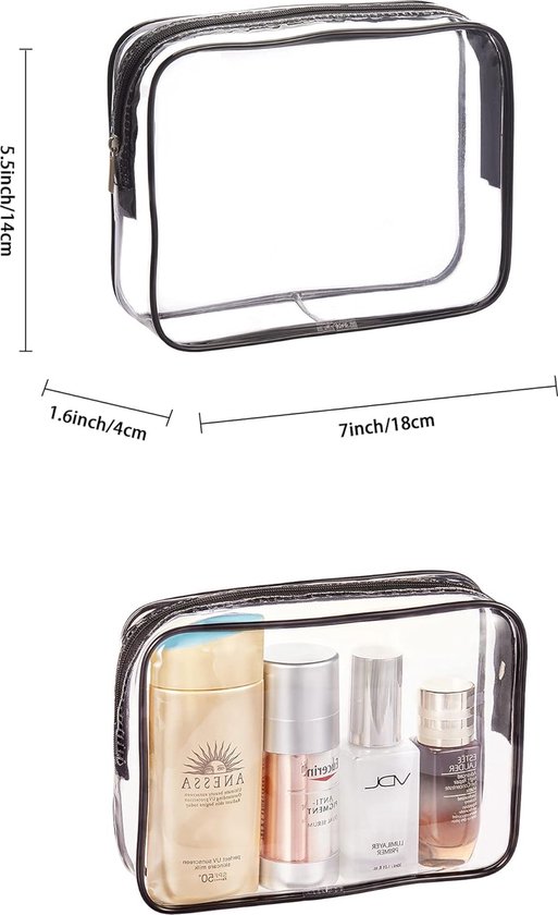 Toilettas, transparant, 4 stuks, vliegtuig, pvc, cosmeticatas