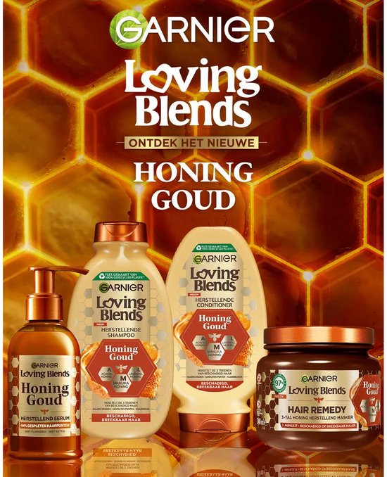 Garnier Loving Blends Honing Goud: shampoo, conditioner, serum en masker voor beschadigd haar.