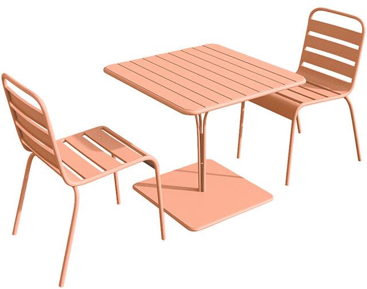 Tuinset met metalen tafel en 2 perzikkleurige stoelen - MIRMANDE.