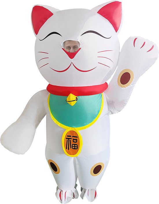 KIMU® Opblaas Kostuum Gelukskat Wit Maneki Neko - Dames Heren Opblaasbaar Pak - Kattenpak Mascotte Opblaaspak - Opblaasbare Japanse Witte Kat Lucky Cat Festival