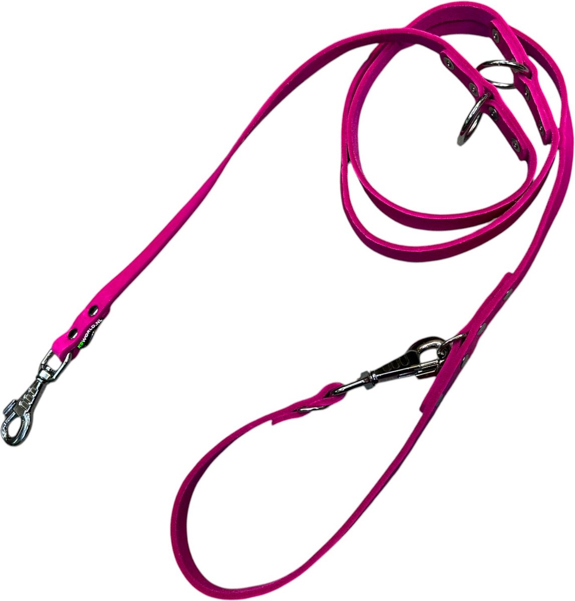 K9 World, verstelbare hondenriem, roze leer, verchroomd beslag