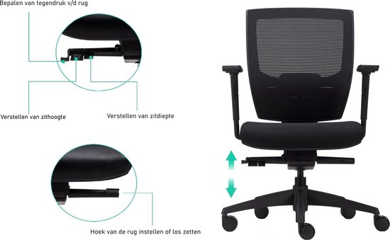 BENS 807-Synchro-3 - Ergonomische Bureaustoel - Bureaustoelen voor volwassenen - Zwrat - Uitermate geschikt voor langere personen - Luxe Donati Mechaniek - GREENGUARD GOLD - Voldoet aan NEN-EN1335 & ARBO normen