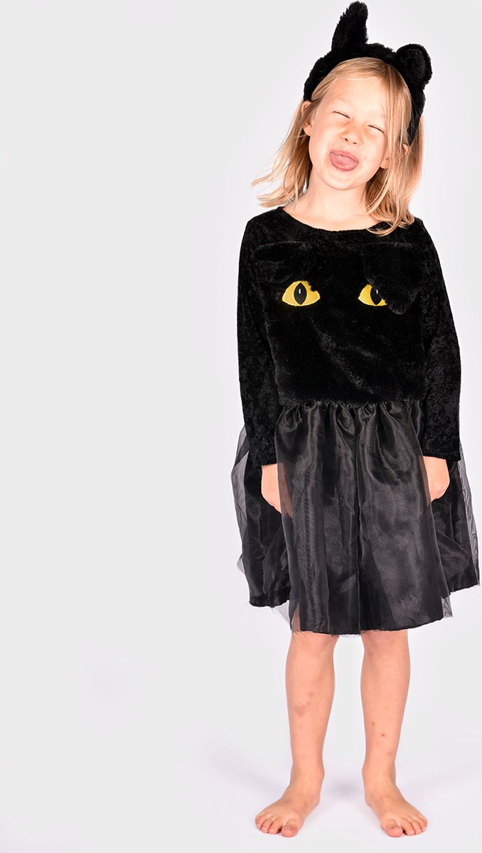 Den Goda Fen Verkleedkledij Black Cat Jurk met diadeem - 110-116cm - 4-6 jaar