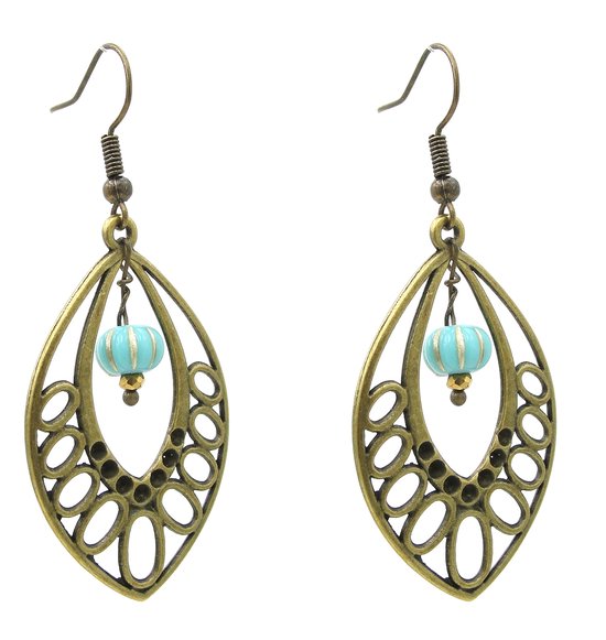 Pendentifs d'oreilles en bronze avec un motif de feuille ovale ajourée et une perle turquoise.