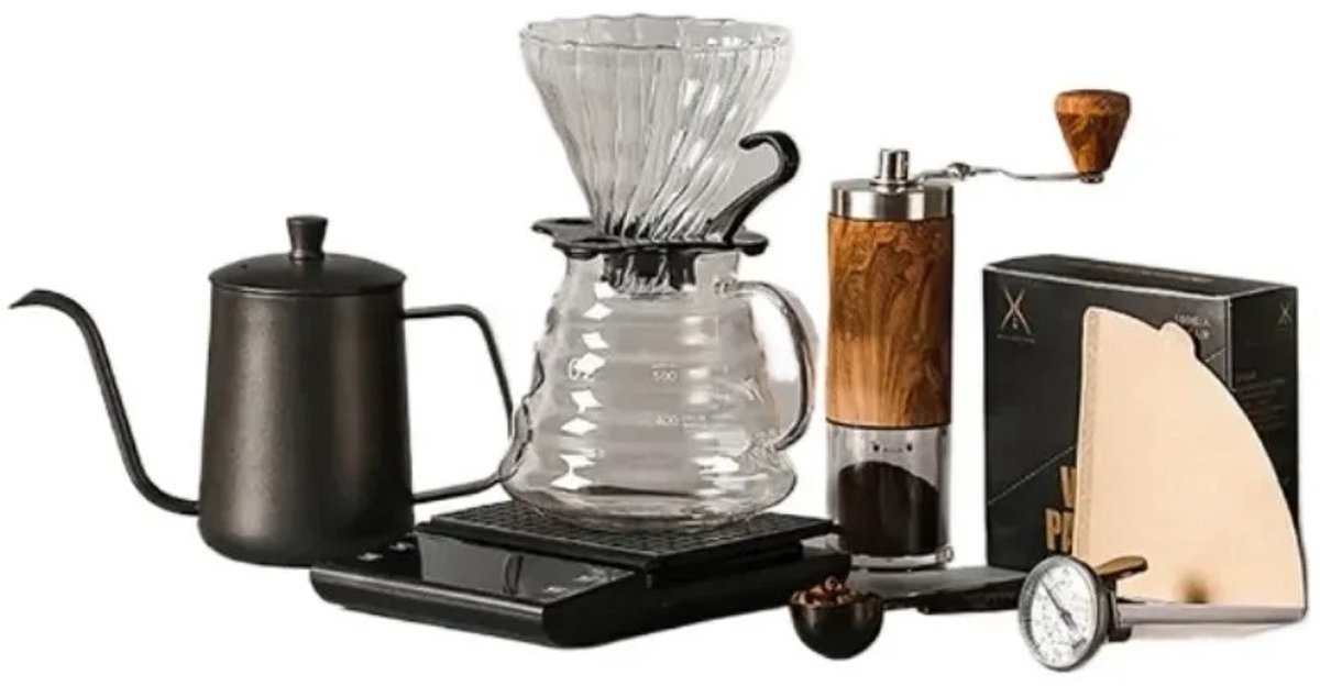 WiseGoods Slow Coffee Set 9-Delig - 0.5L - Filter Koffie Met Koffiemolen & Weegschaal - Co