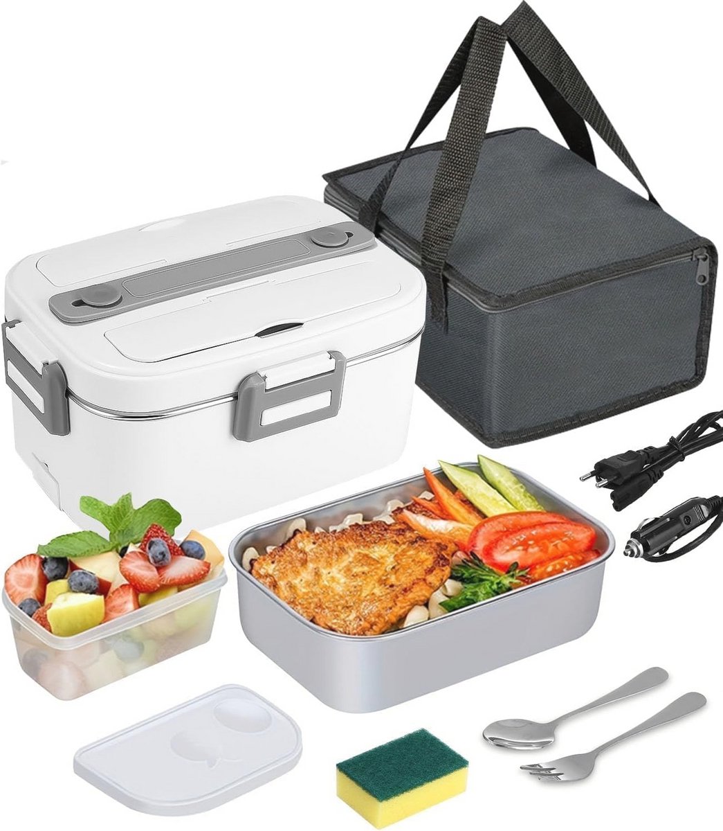 Elektrische Lunchbox 3-in-1 12/24/220V - 1,8 L Warmhoudbox met Bestek en Geïsoleerde Lunchtas voor Volwassenen