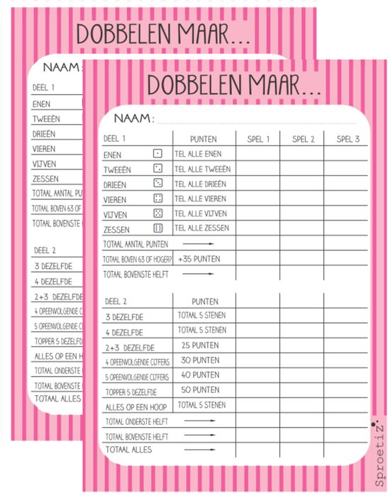 Twee dobbelspellen met roze strepen en de tekst 'DOBBELEN MAAR...'. Een spel is ingevuld.