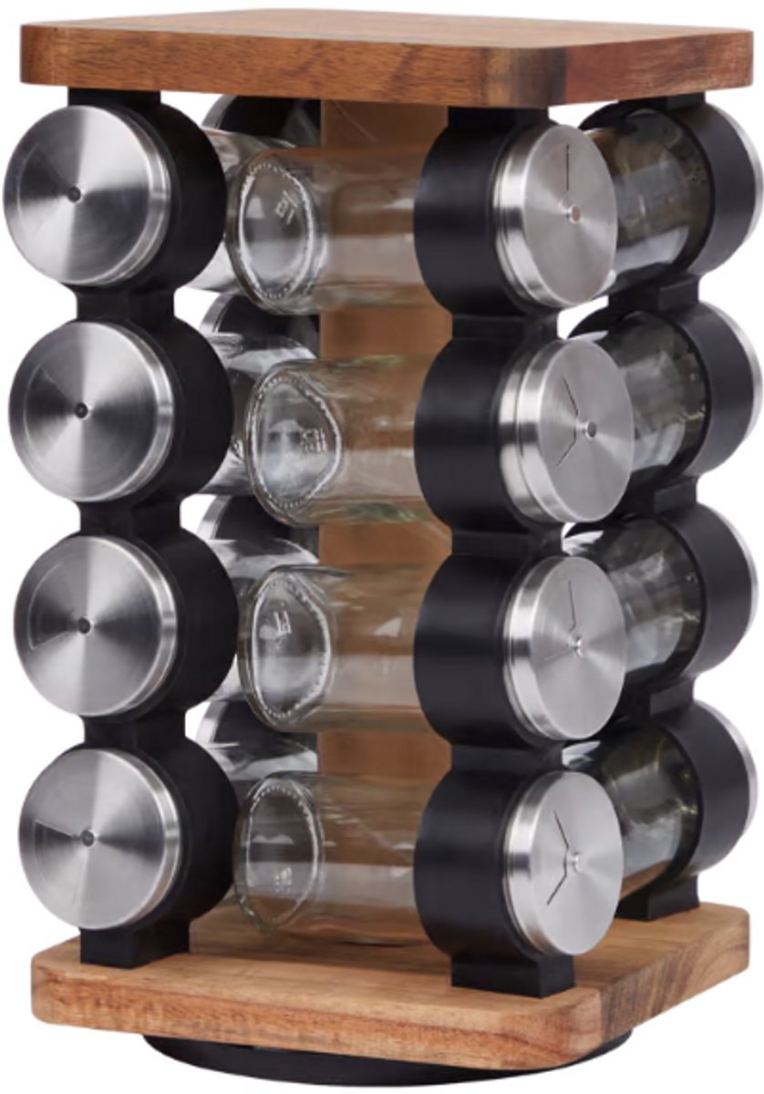 Draaibaar Kruidenrek met 12 Glazen Potjes – 360° Roterend – Houten Design – Compact & Stijlvol