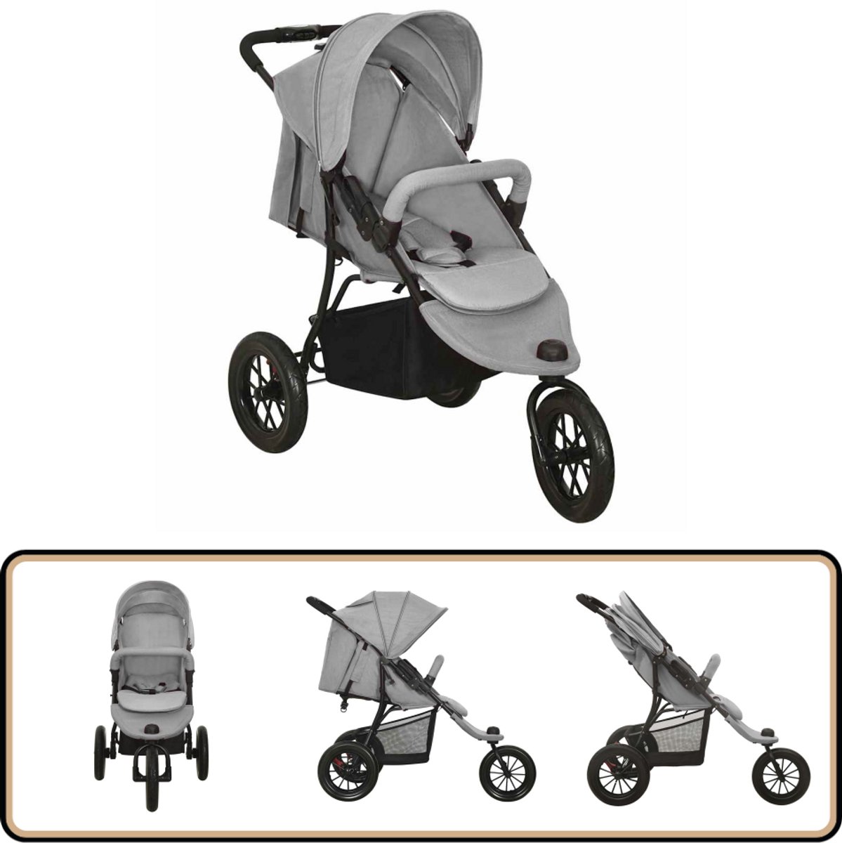 The Living Store Buggy - Comfortabel en handig - Lichtgrijs - Staal en linnen - 61x110x106 cm - Inklapbaar met één hand