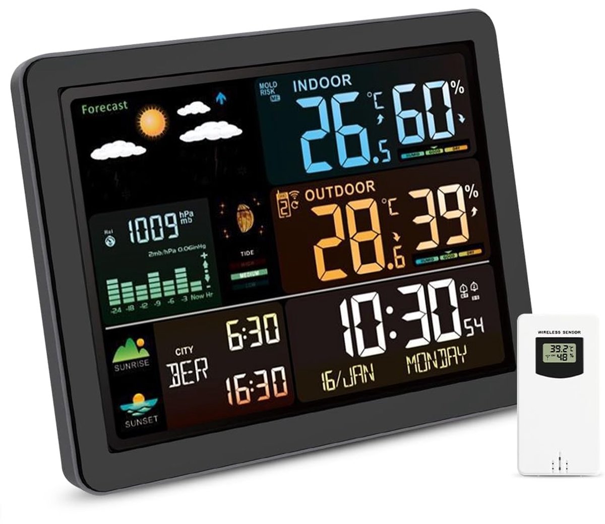Draadloos weerstation met buitensensor - Digitale radioklok, thermometer en hygrometer met weersvoorspelling