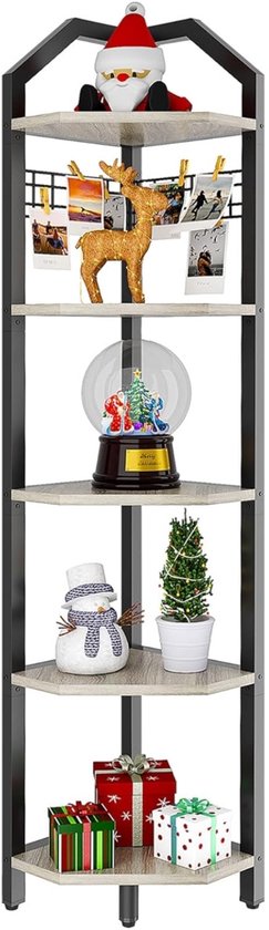 Hoekrek met 5 planken, grijs met houten afwerking en zwart metalen frame, gedecoreerd met kerstfiguren en cadeaus.
