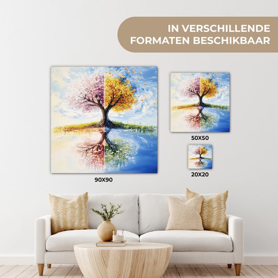 Tableau sur toile 20x20 cm - Décoration murale Arbre - Art - Saisons - Printemps - Automne - Décoration murale salon - Décoration chambre - Accessoires chambre - Peintures sur toile