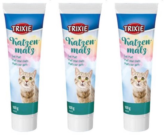 Drie Trixie Kattenmalz tubes van 100g elk, met een afbeelding van een kat.