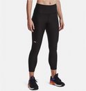 Dames zwarte legging tot op de enkel, gezien vanaf de voorkant. De legging heeft een hoge taille, een zakje op de heup en een Under Armour logo op het been.