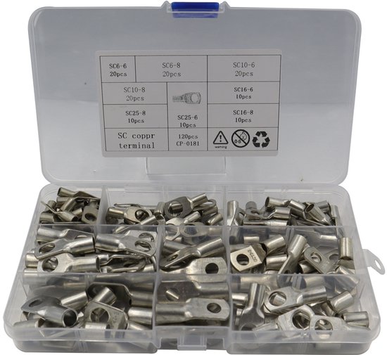120 pièces - Cosses de câble - Cosse de câble - Cosses de câble - Embouts de câble - 6 mm², 10 mm², 16 mm², 25 mm² - Bornes de connexion pour batterie de voiture, moto - Cuivre étamé - Avec compartiment de classification