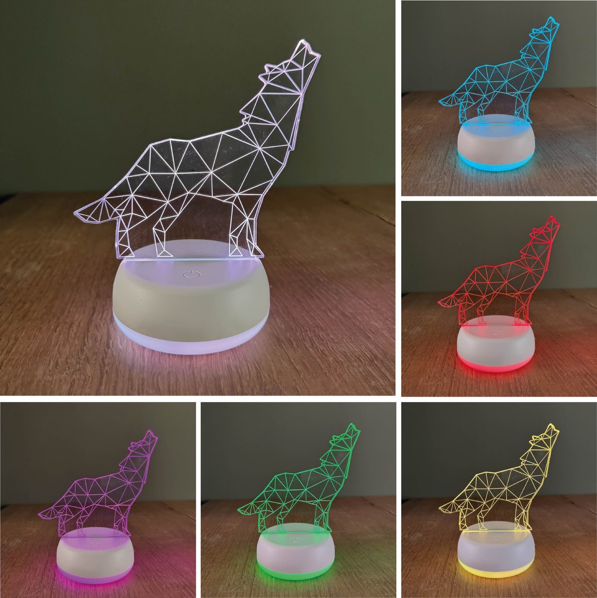 Klarigo® Nachtlamp – Wolf - 3D LED Lamp Illusie – 16 Kleuren – Witte Base - Bureaulamp – Geometrisch - Bos – Dier - Dieren - Nachtlampje Kinderen – Creative lamp - Afstandsbediening