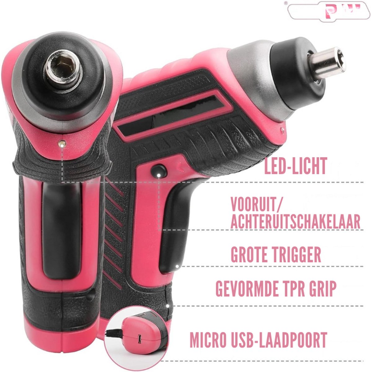 35-Delige Gereedschapsset Met Oplaadbare Elektrische Schroevendraaier - 3,6V Batterij - Complete Huishoudelijke Gereedschapset - Inclusief Hamer - Roze