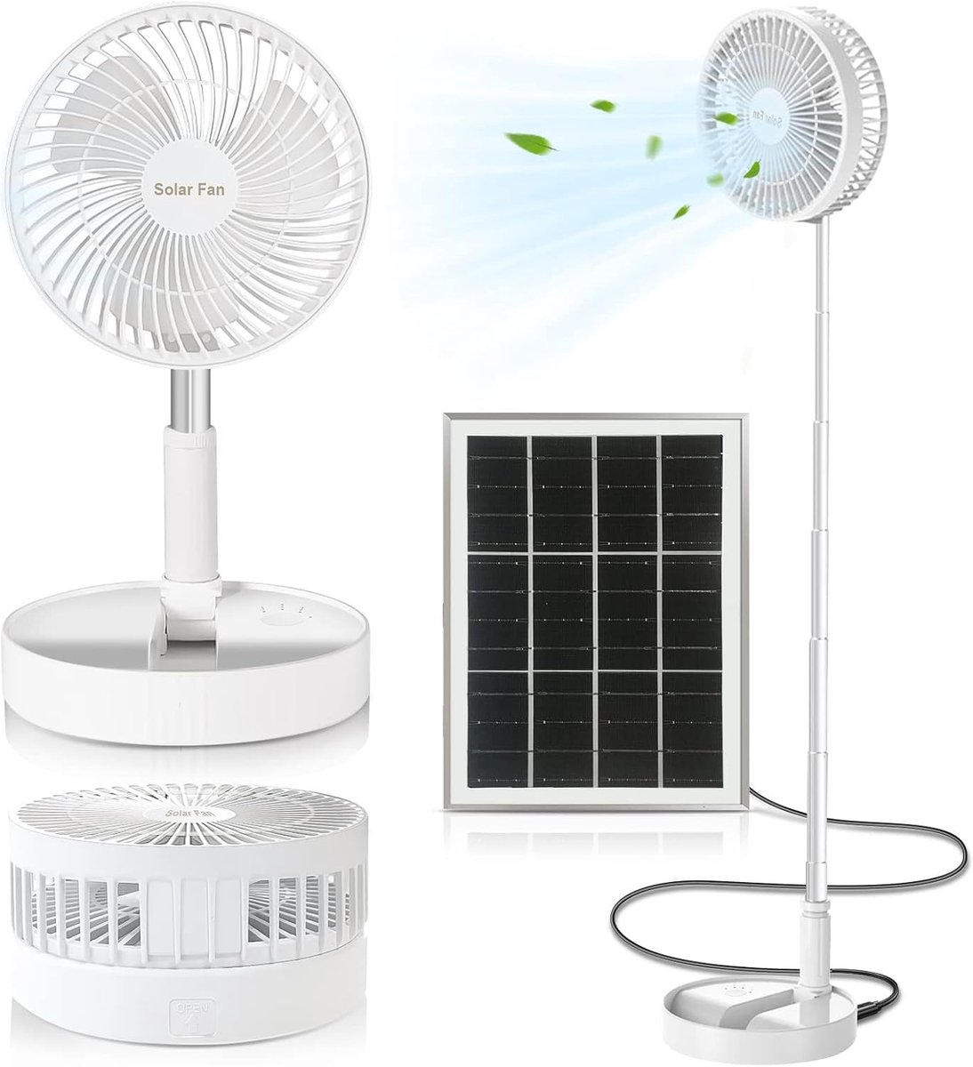 Inklapbare en draagbare stilte ventilator met accu en zonne-energie - mini bureauventilator voor thuis, kantoor en camping