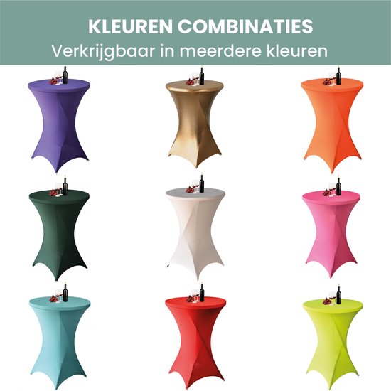 Mozaïek van negen statafelrokken in verschillende kleuren: paars, goud, oranje, donkergroen, crème, roze, blauwgroen, rood en limegroen.