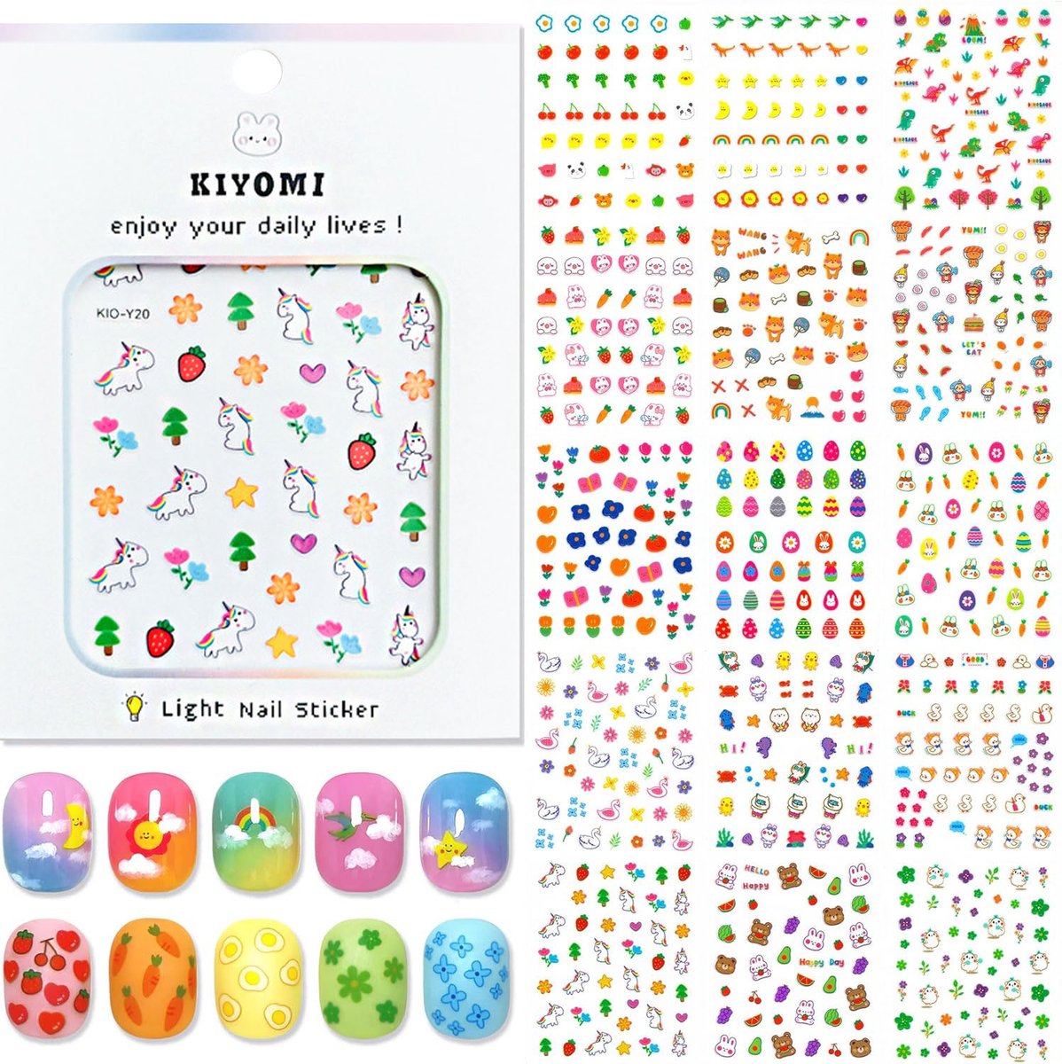 Kiyomi - 15 vellen Nagel stickers - Voor kinderen - Nagelstickers dinosaur, beeren, fruit, unicorn, ect - Nagel Decoratie - Cute kawaii nailart stickers- Kids nail stickers