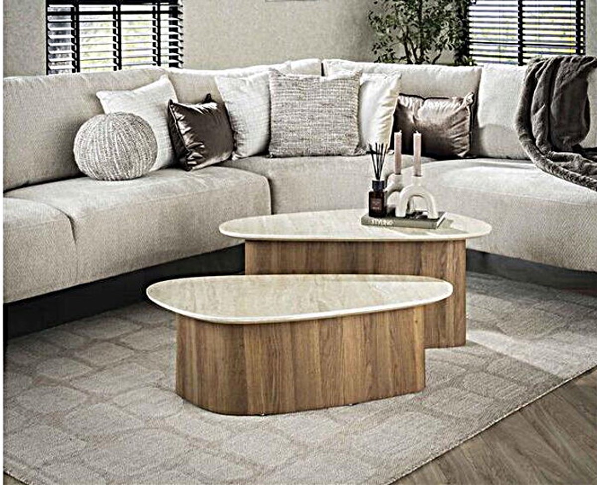 Meubelplaats Salontafel travertin keramiek set van 2 driehoekig - Japandi Beige