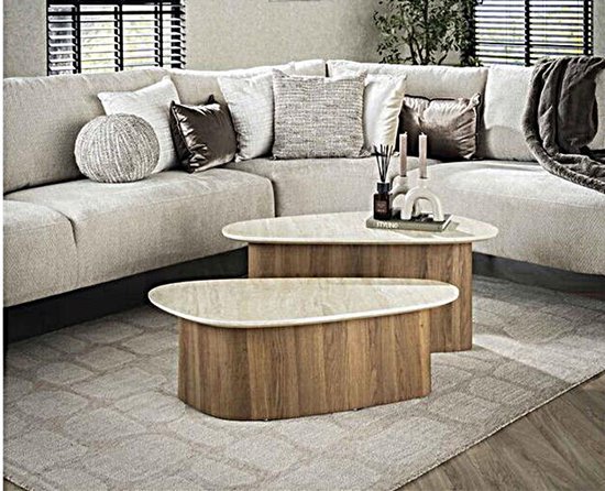 Salontafel Travertin keramiek set van 2 driehoekig