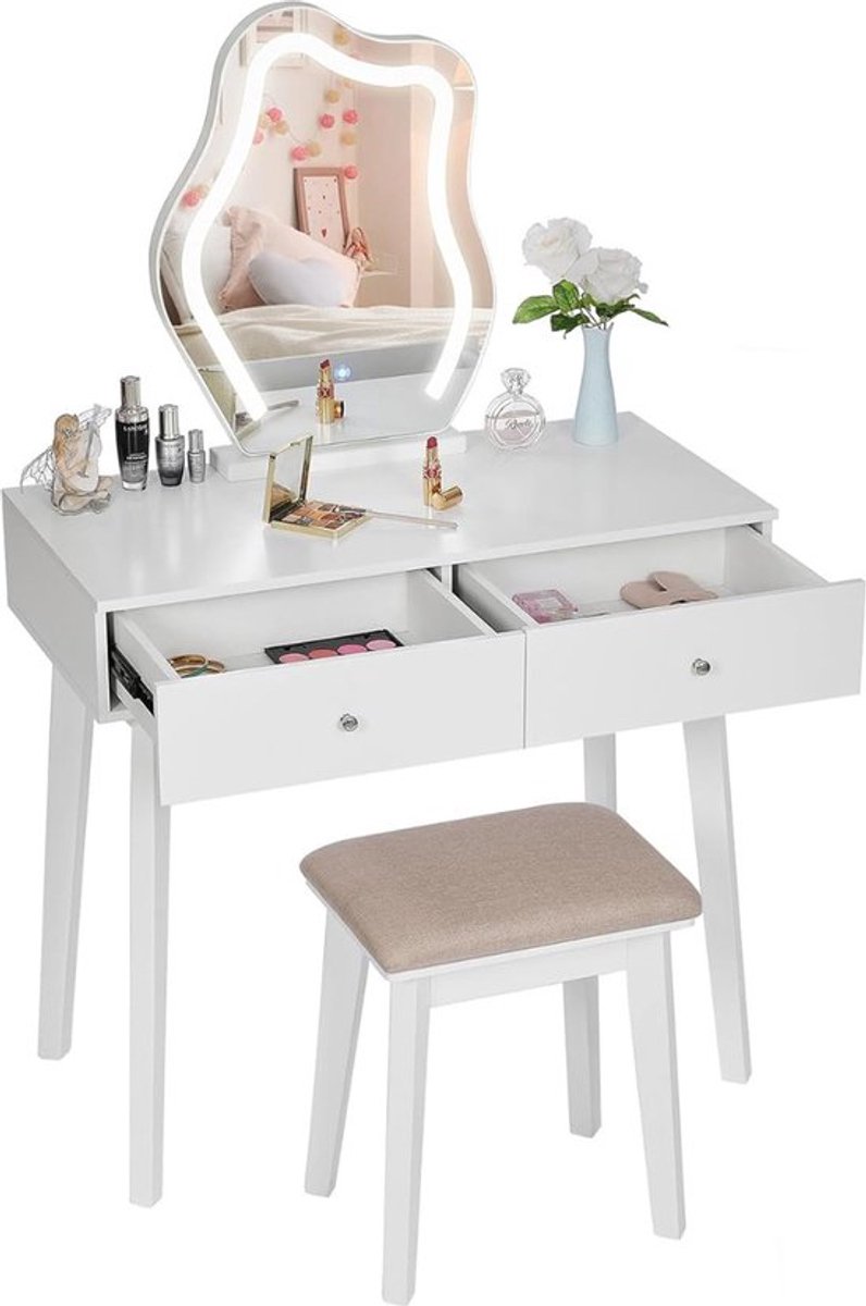 Luxe Kaptafel – Kind – Met Spiegel en Verlichting – Make Up Tafel voor Meisjes – Schminktafel – Inclusief Kruk – Stijlvol Design – Wit