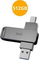 Rolio USB Stick 512 GB - USB C en USB A - 800Mbps - USB 3.0 - USB-C Stick - Plug & Play - Universeel - Geschikt voor alle Laptops / Smartphones / Tablets