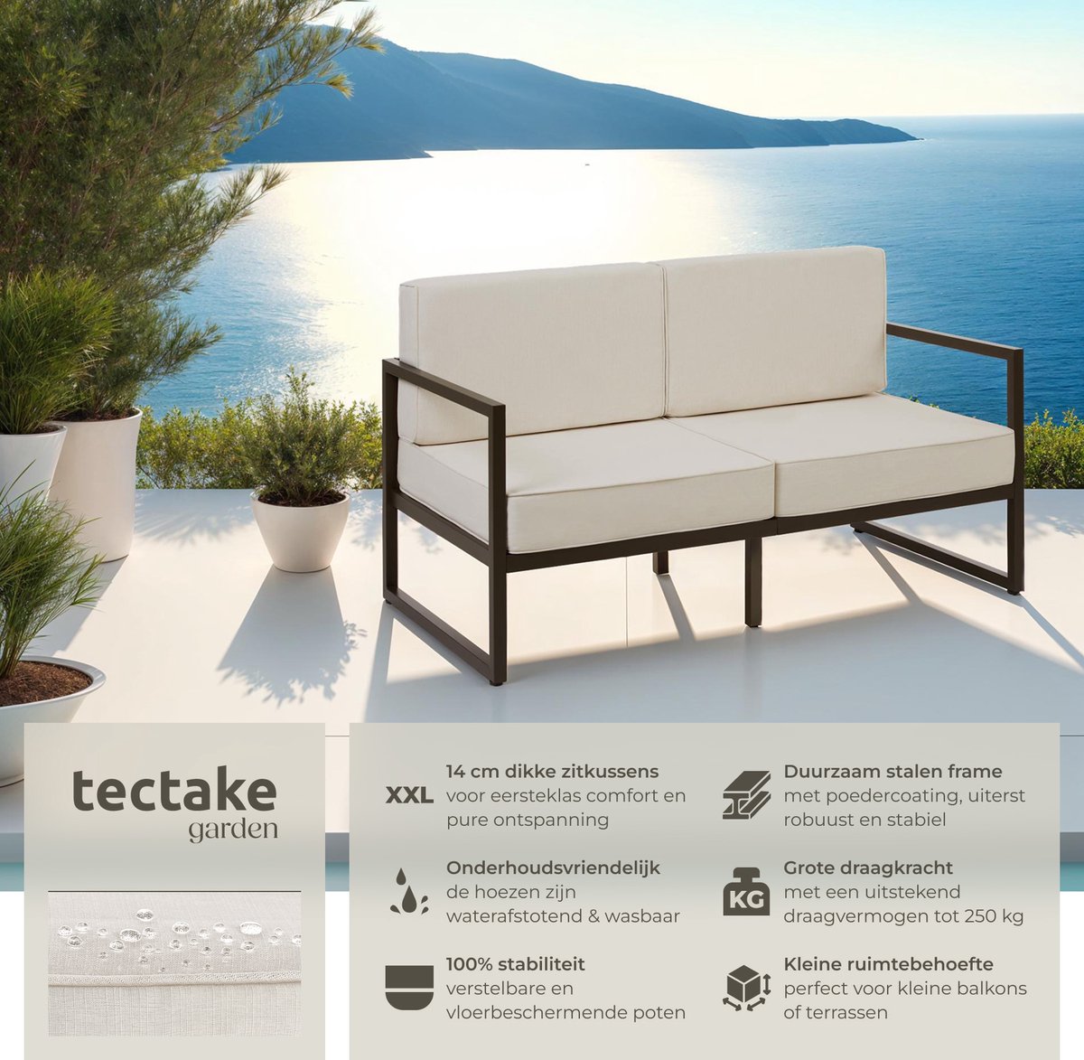 tectake® - Tuin-loungebank Comosa - Voor 2 personen - Tuinbank - 2-zits Loungesofa - Waterafstotende en ultradikke zit-en rugkussens - Draagkracht 125kg per zitplaats - Bruin/beige – foto 2