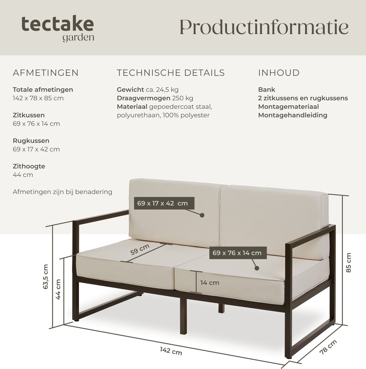 tectake® - Tuin-loungebank Comosa - Voor 2 personen - Tuinbank - 2-zits Loungesofa - Waterafstotende en ultradikke zit-en rugkussens - Draagkracht 125kg per zitplaats - Bruin/beige – foto 3
