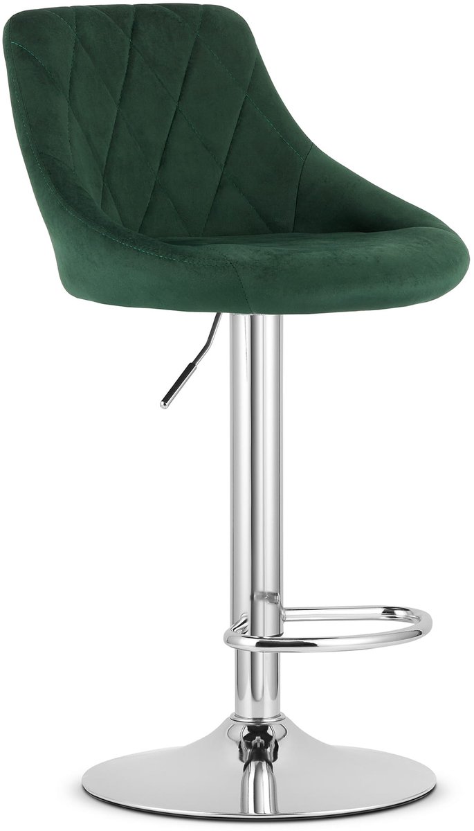 LEOBERT Barkruk AREX - Velvet Groen, Chromen Basis, Rugleuning, Modern Design, Hoogte Verstelbaar, 360° Draaibaar, Max. 120 kg groen / zilver