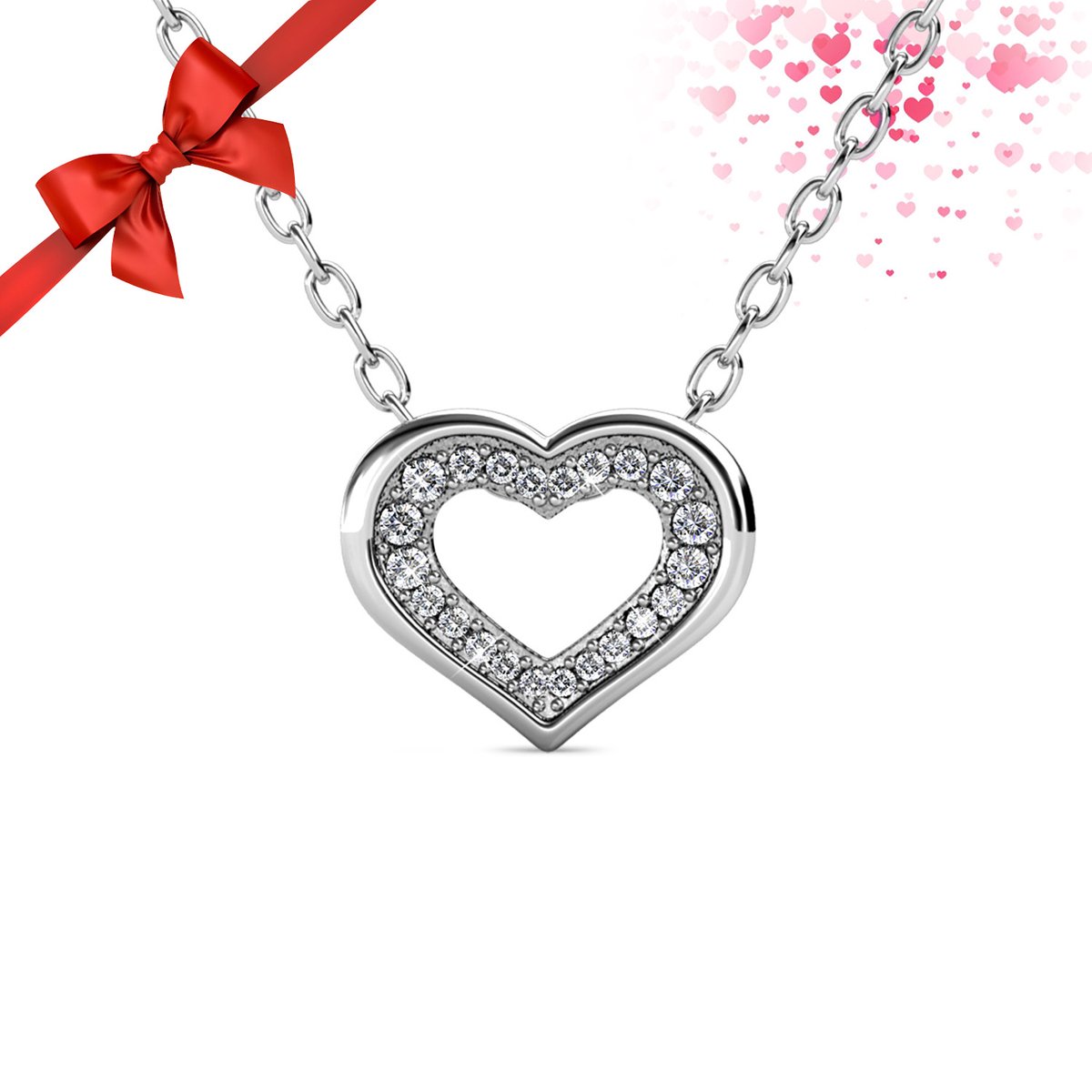 Shoplace Hart ketting dames rond met Swarovski® kristallen - Gold plated - Schakelketting - Halsketting - Cadeau voor vrouw - 45cm - Zilverkleurig