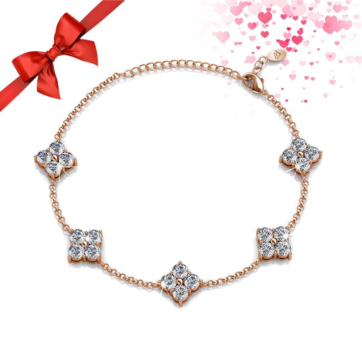Shoplace Klaver armband dames met Swarovski® kristallen - Gold plated - Schakelarmband - Cadeau voor vrouw - 20cm - Rosegoud kleurig