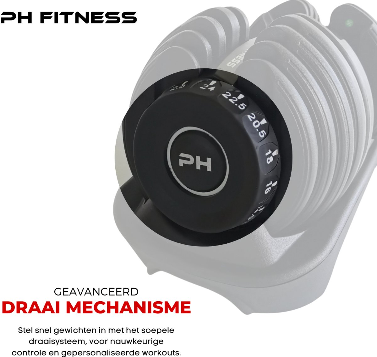 PH Fitness Verstelbare Dumbell 24KG Zwart - PRIJS PER STUK - Smart Dumbbells - Gewichtenset voor Home Gym - Adjustable Dumbbells van 2,5 kg tot 24kg - Complete Halterset van 15 Dumbbells in een! – foto 3