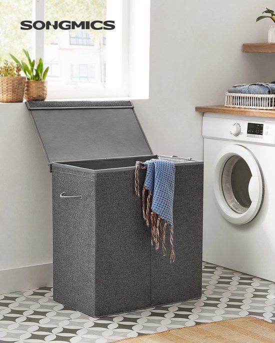 SONGMICS Wasmand 100 L, Wasmand Van Bamboe, Wasmand Met Handvatten Deksel Met Clips
