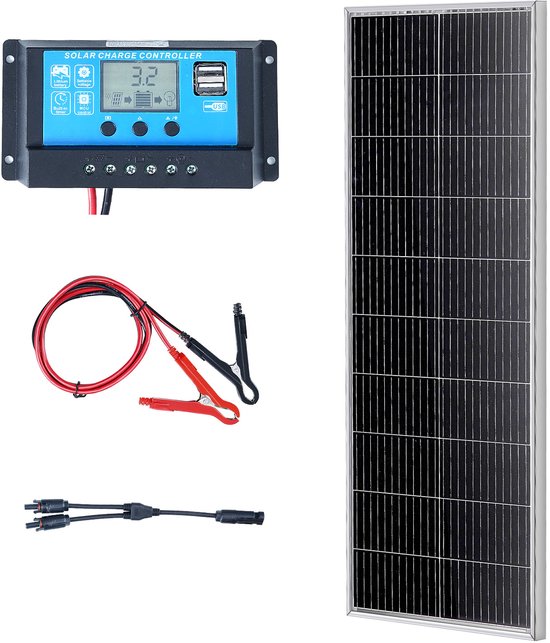 VEVOR 100W Zonnepaneelkit 12V Monokristallijne Zonnemodule Plus Laadregelaar 8,33a Zonnestelsel Conversiepercentage van 23% Compatibel met Agm-, Gel-, Fld-, Li-Batterijen Ideaal vo