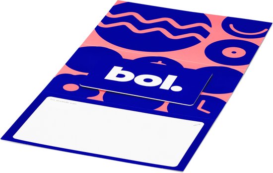 Gevouwen kerstkaart met de tekst 'Fijne kerst' en een bol.com cadeaukaart. Blauwe kaart met roze patronen.