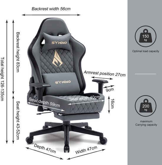 Vinsetto Gamingstoel – Wit-blauw PU-leder Met Voetsteun, 135° Verstelbare Rugleuning, Lendensteun, Draaibaar En In Hoogte Verstelbaar