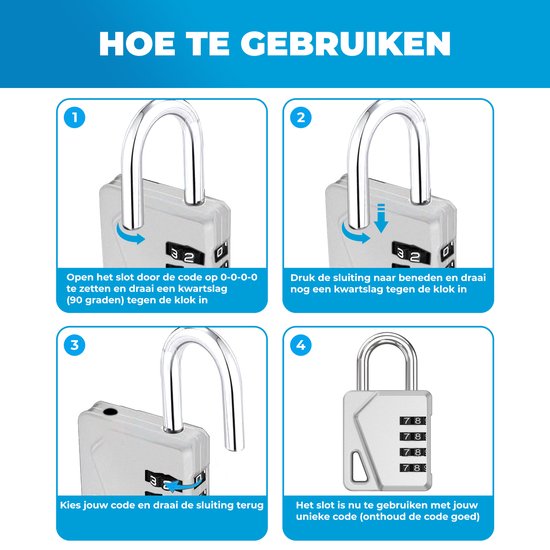 Instructies voor gebruik cijferslot: code instellen op 0-0-0-0, sluiting indrukken en draaien, nieuwe code kiezen, sluiting terugdraaien.